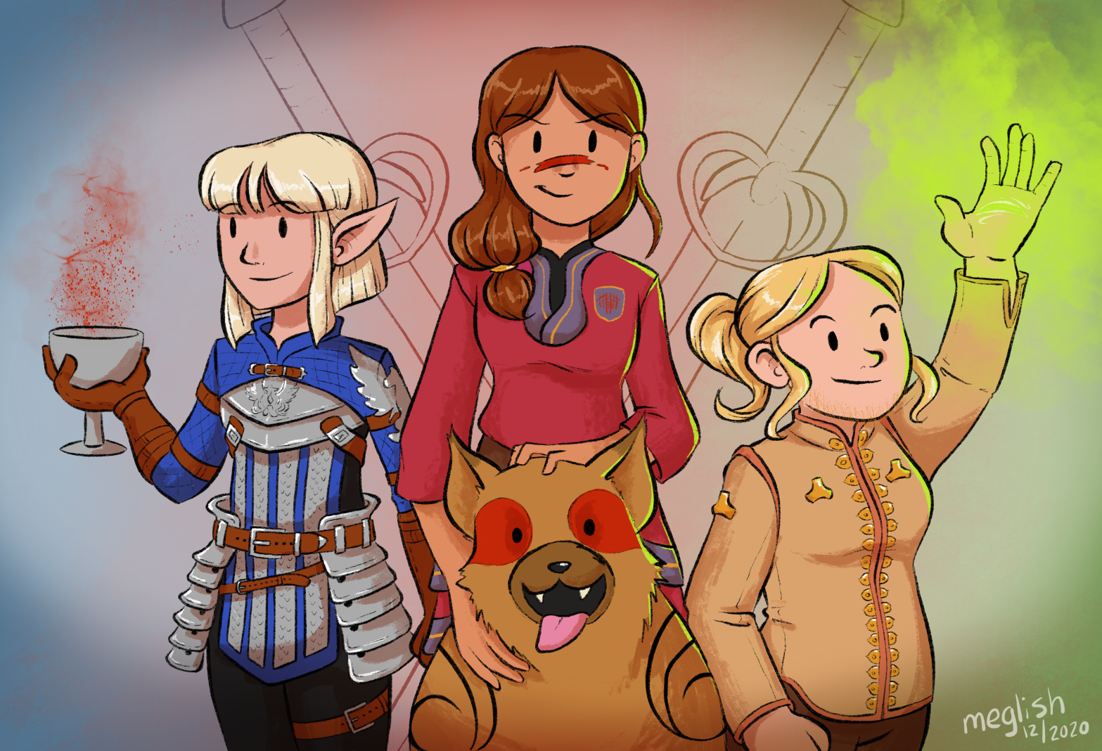 illustration of 3 female Dragon Age protagonists. From left to right, an Elf in Grey Warden armor with short blonde hair holding a silver chalice; a brunette Hawke (default human version) wearing casual clothes and petting a Mabari hound; a Dwarf Inquisitor with a blonde ponytail wearing the tan "Skyhold pajamas" holding her glowing rift hand aloft.