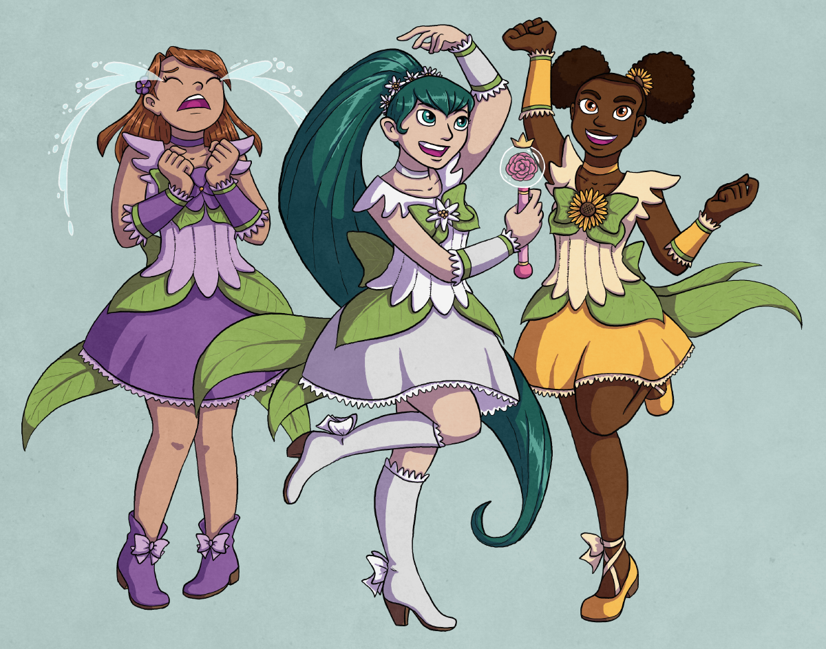 illustration of 3 magical girls, from left to right: Violet, a brunette in a purple violet themed outfit who is crying huge waterfall tears; Edelweiss, a green-haired girl in a white outfit holding a rose wand, and Sunflower, a girl with two black afro-poofs in a yellow outfit