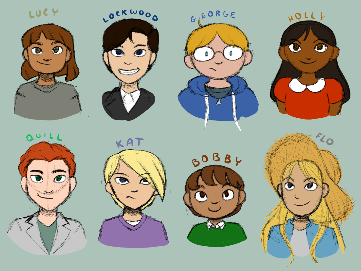 illustration of 8 cartoon faces depicting characters from the Lockwood & Co series. Top to bottom, left to right: Lucy (square, bobbed dark hair), Lockwood (oval, big grin and floppy dark hair), George (circle, round face & glasses), Holly (round heart, long dark hair), Quill (diamond, pointy chin and nose, red hair), Kat (triangle, sharp face and sharp blonde hair), Bobby (more round, very small, dark hair), Flo (capsule, long face and hair, big straw hat)