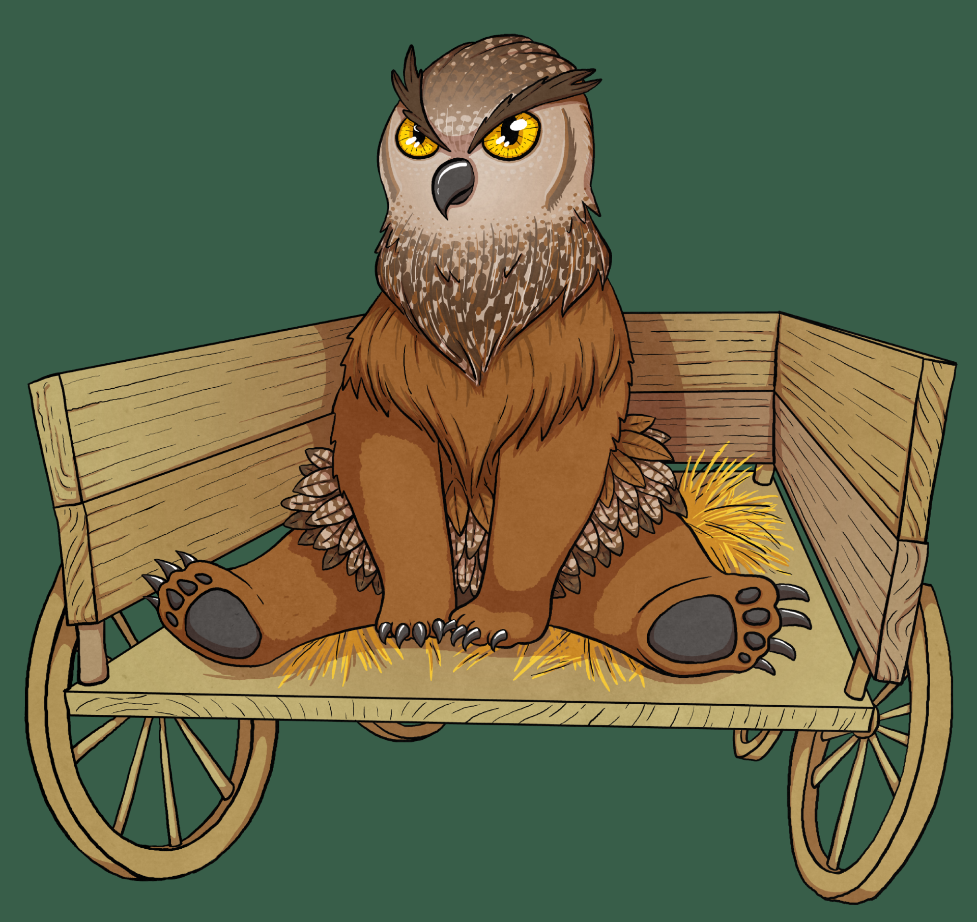 illustration of an owlbear sitting in the back of a wooden cart