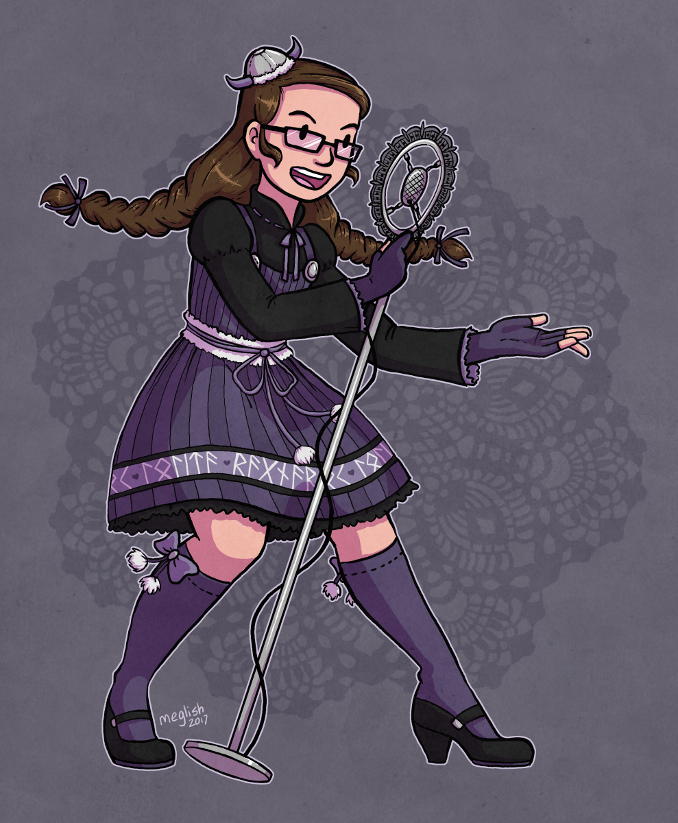illustration of a woman with two long brown braids and wearing a Norse/viking inspired Lolita outfit (complete with tiny Viking hat fascinator) singing into a microphone