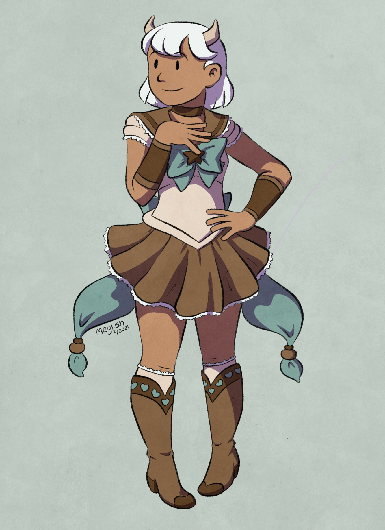 illustration of a Sailor Moon style character with bobbed white hair and small horns on the sides of her head. Her sailor outfit is shades of brown and dusty blue and she's wearing cowboy style boots.