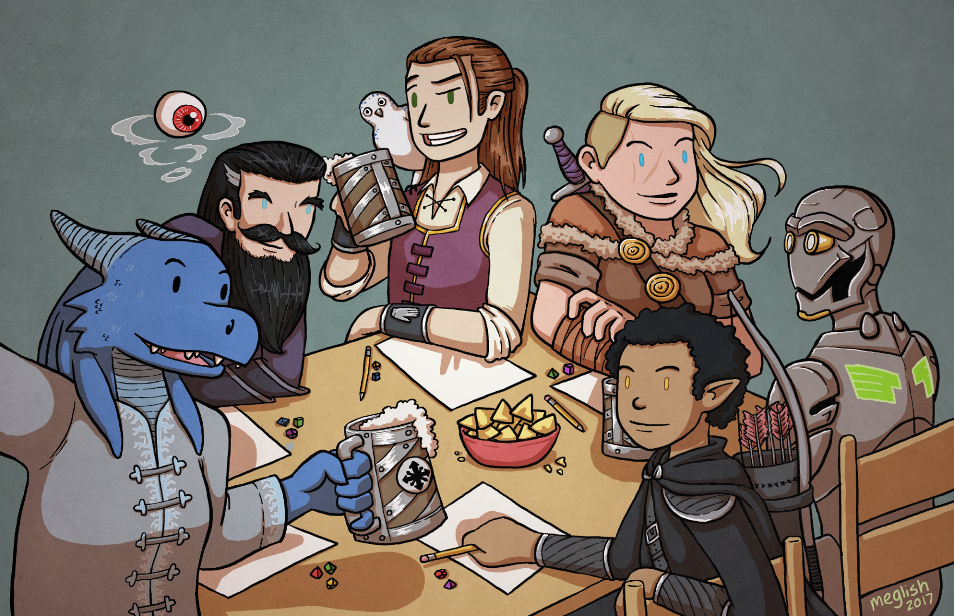 illustration of 6 D&D characters around.a table playing a pen & paper game - a blue Dragonborne, a dark-haired wizard, a bard with a brown ponytail and a flagon, a blonde barbarian, a Warforged, and a dark-haired elf rogue